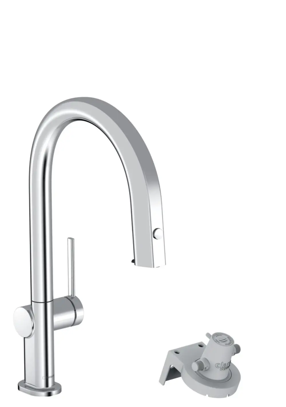 Chromfarbener Küchenarmatur mit hohem Auslauf und integrierten Bedienelementen. Hansgrohe ist in der Konstruktion und dem Design des Produkts erkennbar.